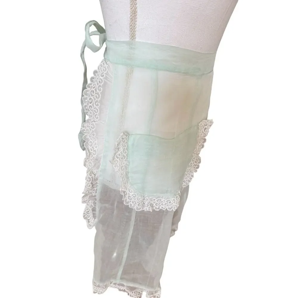 Vintage 60s Sheer Half Apron Organza Lace Trim Mint Green